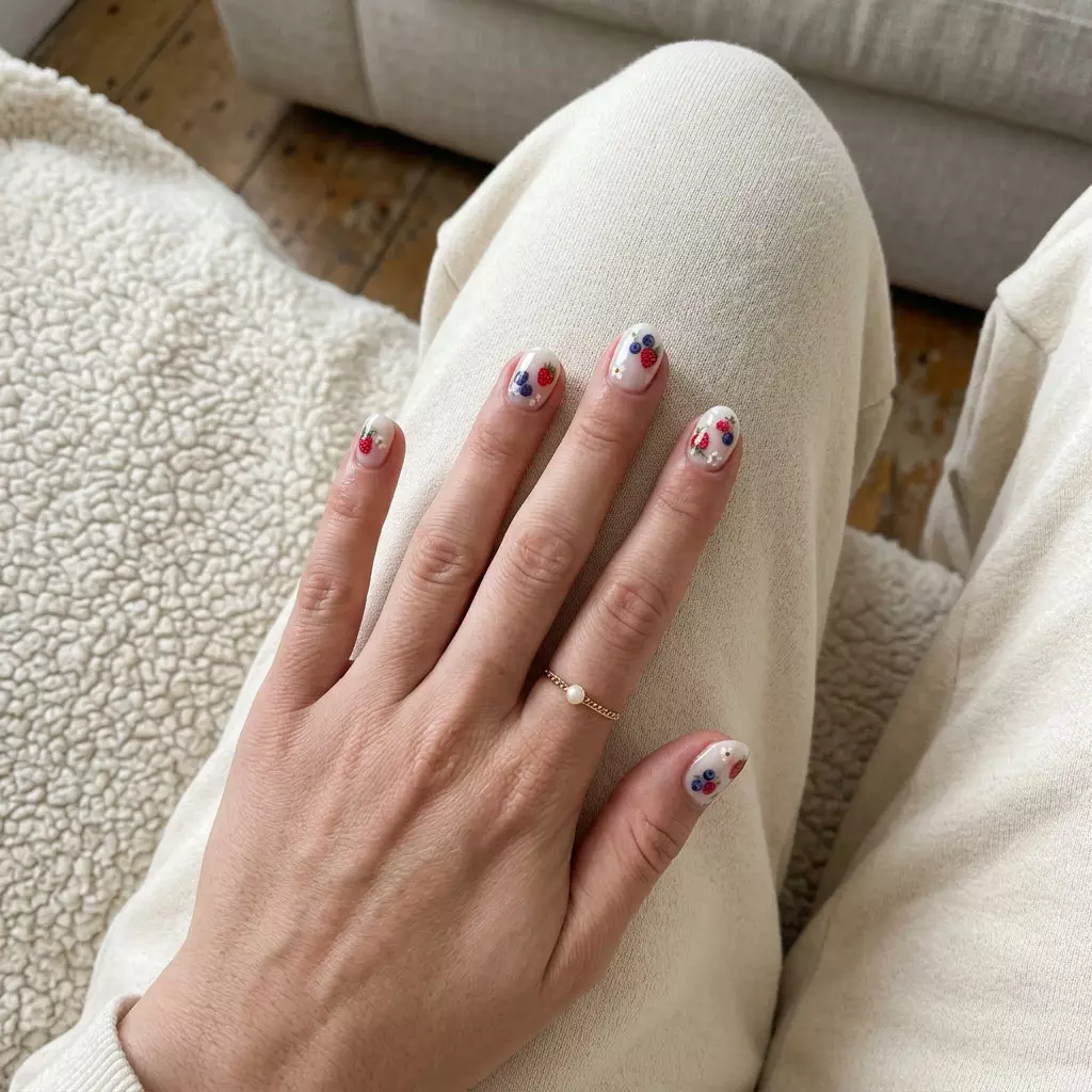 Milk Bath Berry Blossoms Nails 2026 Mixed Berry Milk Bath Blossoms nails: romantic milky white with berry charms for summer events in 2026.