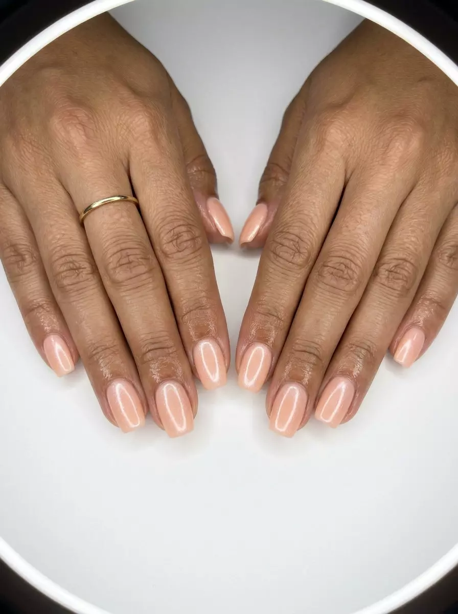Peach Skin Squoval Nails 2026 Peach Skin Milky Squoval nails: clean girl minimalist milky peach with shimmer for daily wear in 2026.