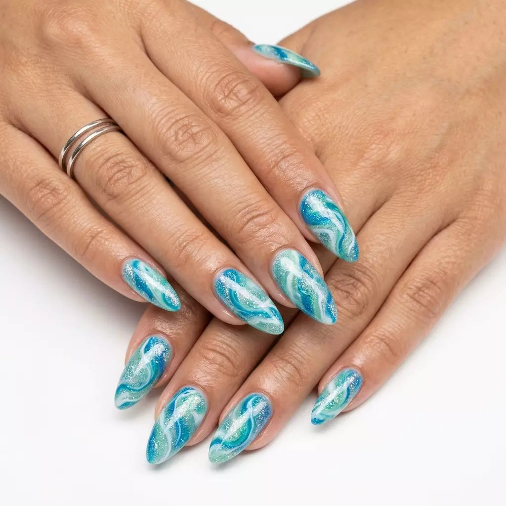 Blue glitter marble nails with holographic shimmer for summer glitter nails 2026 vacation outfits.