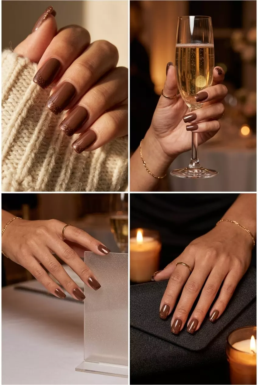Sophisticated bronze glitter French tip nails for summer glitter nails 2026. Elegant formal and wedding guest look.