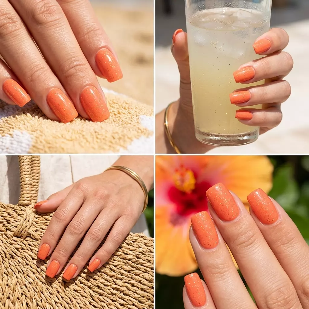 Coral orange nails with gold holographic glitter for summer glitter nails 2026 vacation outfits.