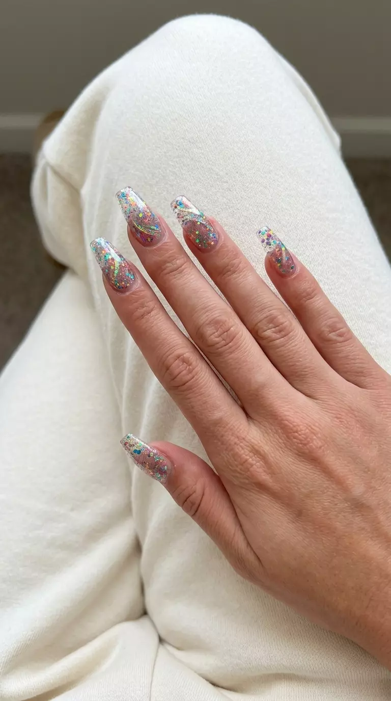 Festival multicolor glitter swirl stiletto nails for summer glitter nails 2026 party outfits.