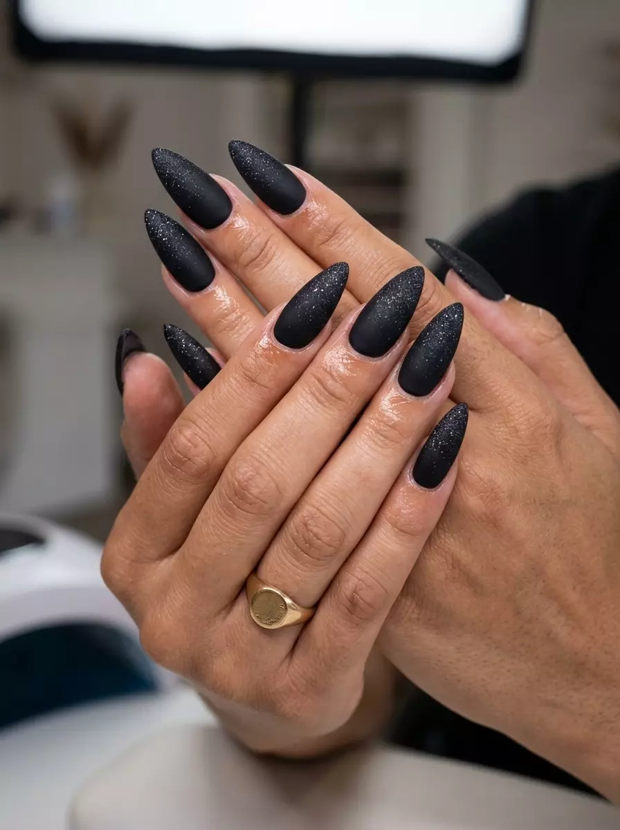 Edgy matte black coffin nails with black glitter gradient for summer glitter nails 2026.