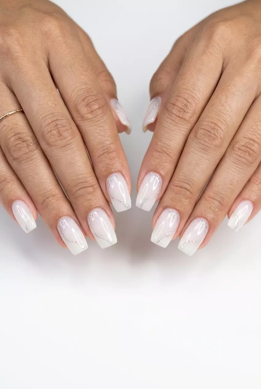 Milky white nails with fine silver glitter swirls for summer glitter nails 2026 wedding guest outfits.