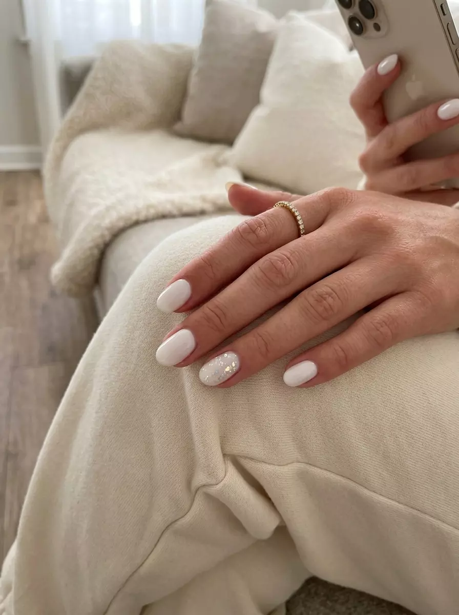 Milky white nails with iridescent glitter accents for summer glitter nails 2026 work outfits.