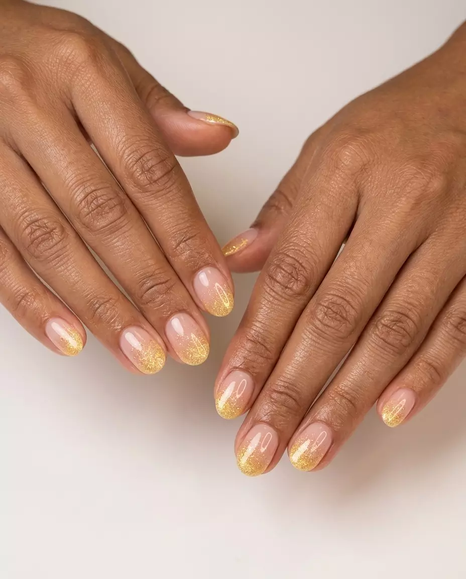 Nude pink glitter gradient nails for summer glitter nails 2026 casual outfits.
