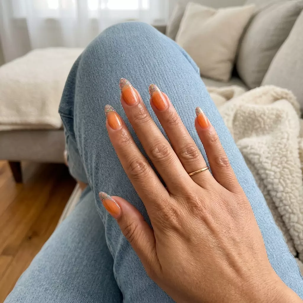 Playful almond nails with sheer orange base and multi-color glitter French tips for summer glitter nails 2026.