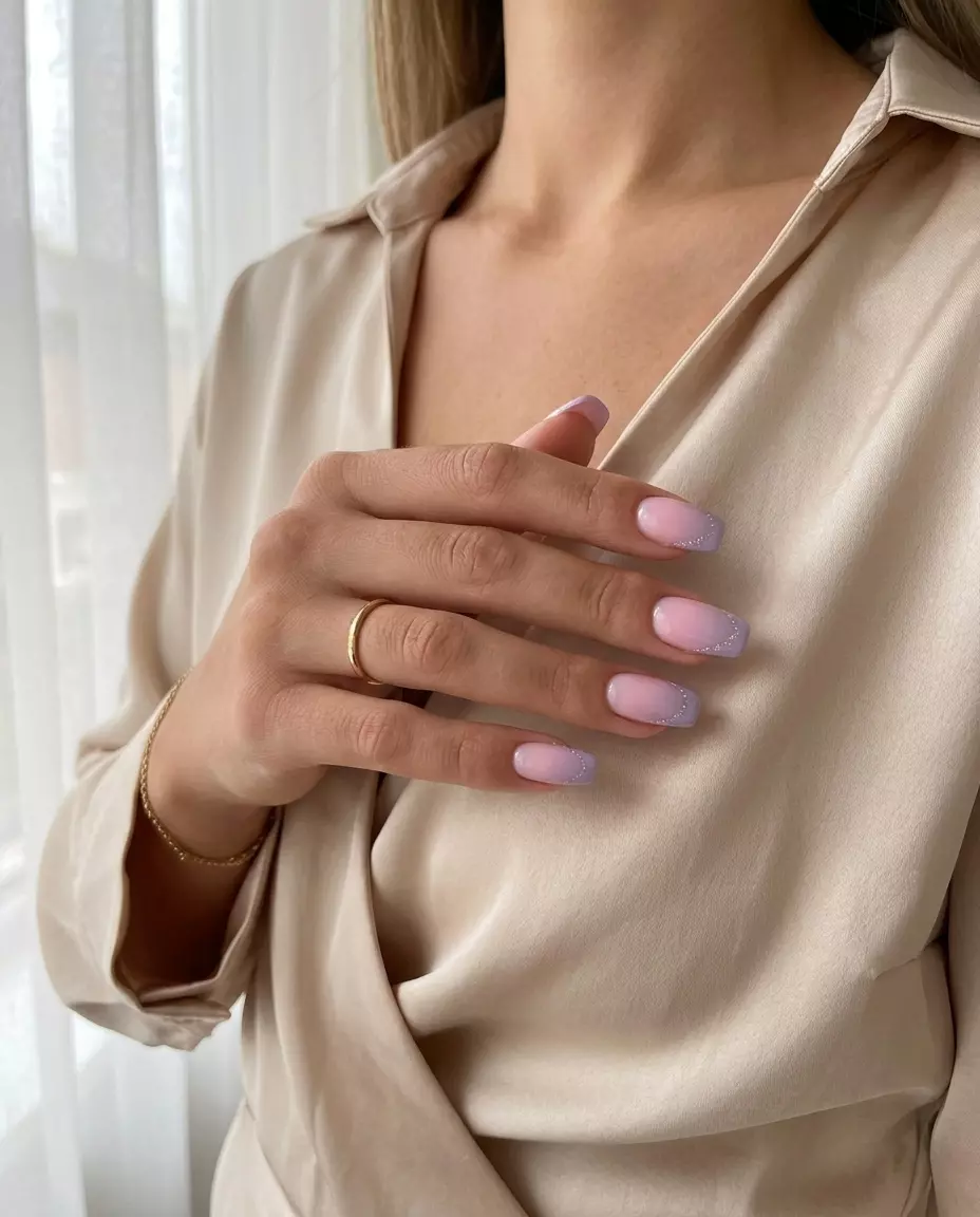 Romantic soft square nails with pastel pink and lavender ombre and silver glitter French tips for summer glitter nails 2026.