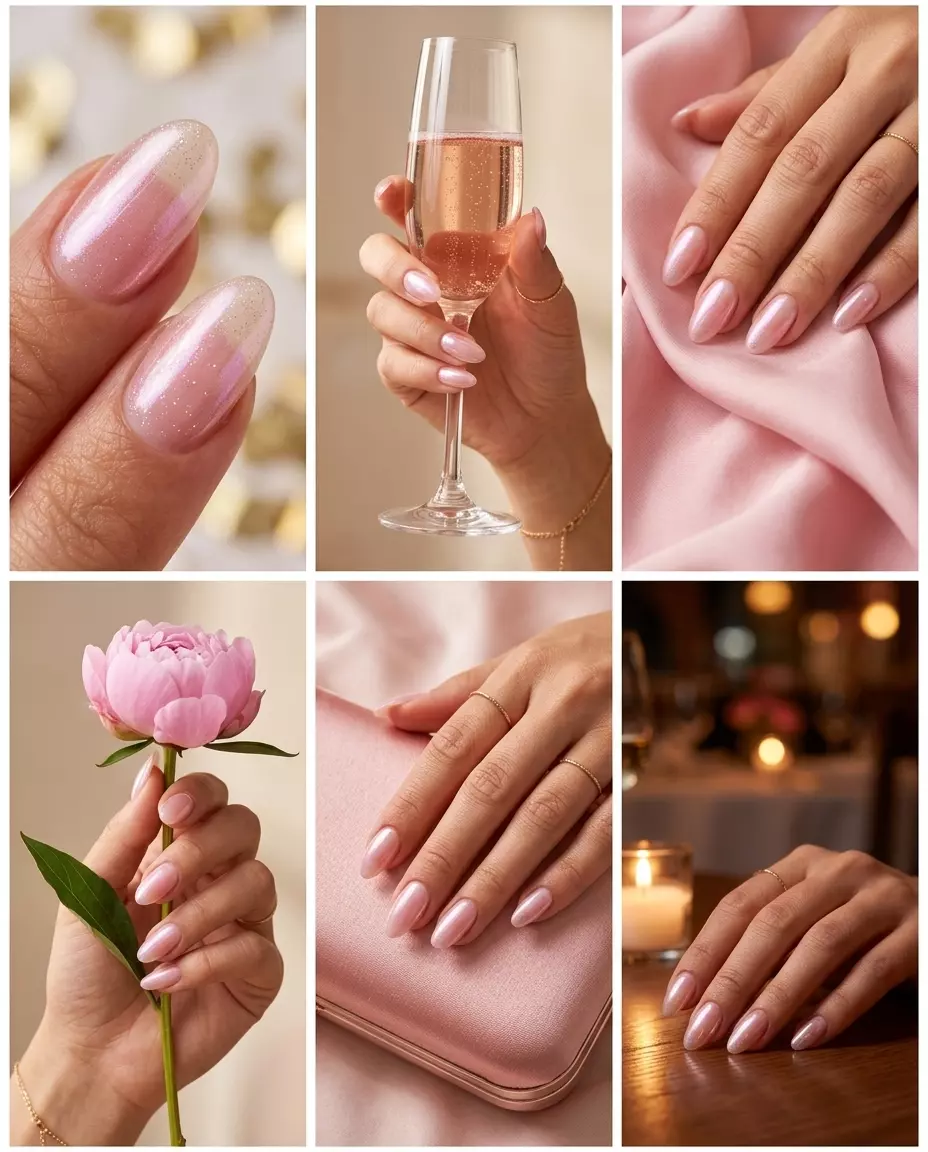 Romantic pearlescent pink glass nails with subtle glitter for summer glitter nails 2026. Date night style.