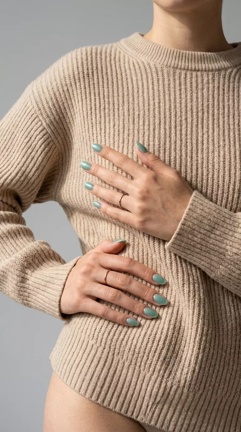 Seafoam green French tip nails with silver glitter for summer glitter nails 2026 vacation.