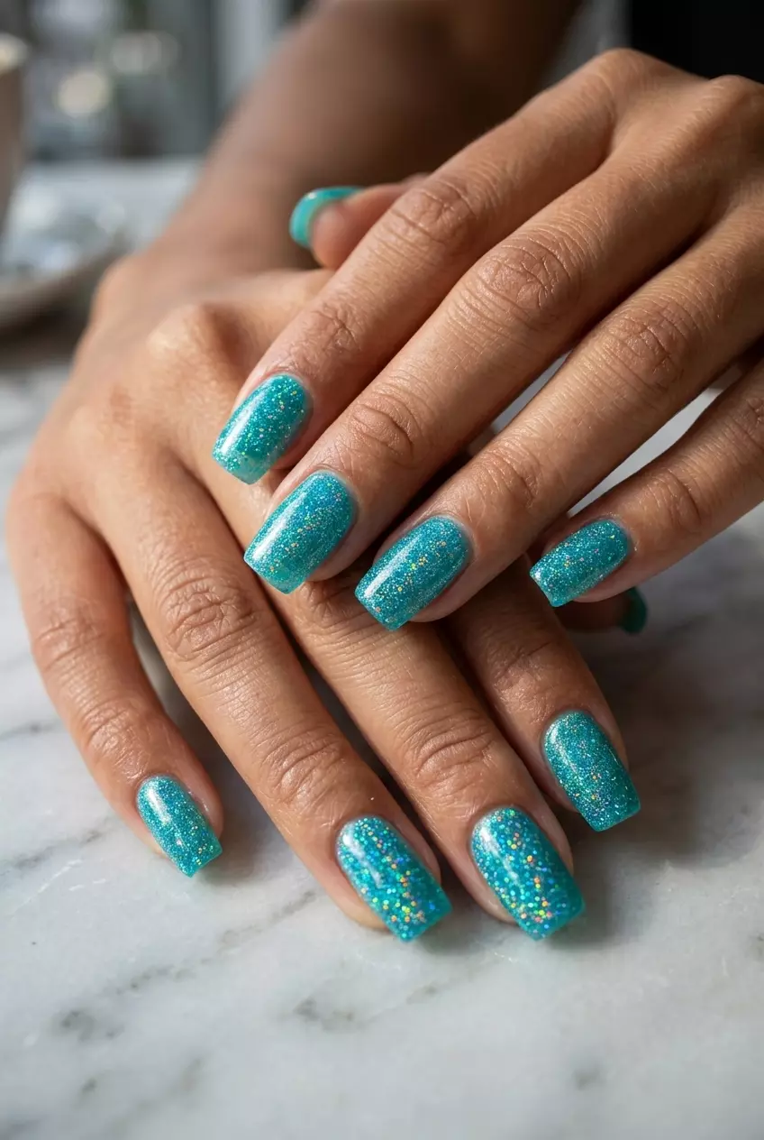 Vibrant sheer turquoise jelly nails with all-over holographic glitter for summer glitter nails 2026.