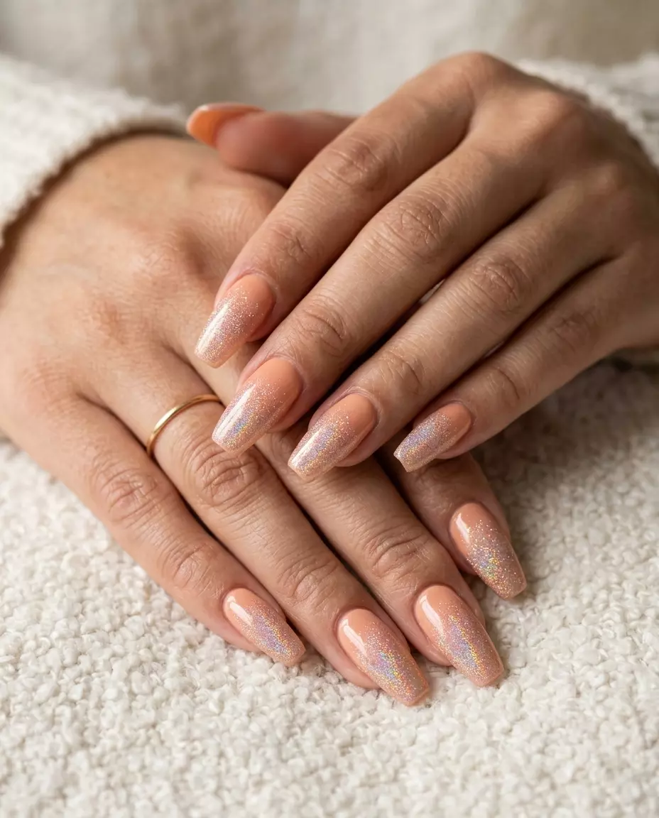 Sophisticated white nails with holographic glitter overlay for summer glitter nails 2026, ideal for work and daily wear.