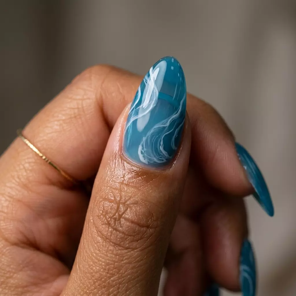 Whimsical aquatic swirl jelly nails for summer holiday nails 2026. Playful for beach vacations and festivals.