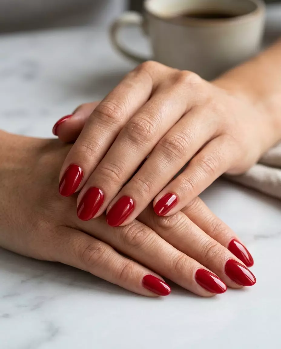 Sophisticated classic red glossy oval nails for summer holiday nails 2026. Timeless for daily wear and dates.