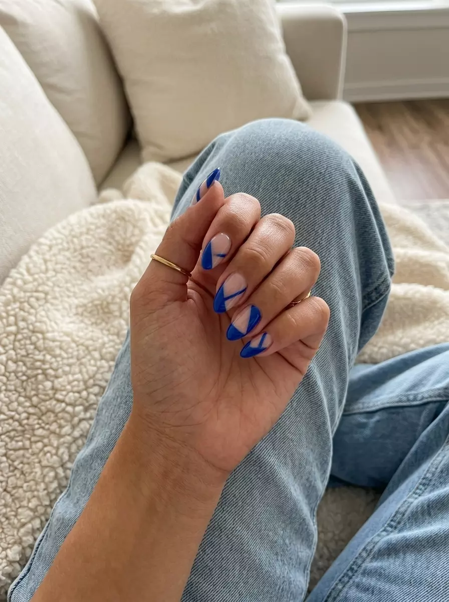 Cobalt Blue Negative Space Lines nails for summer holiday nails 2026: artistic, modern daily wear.