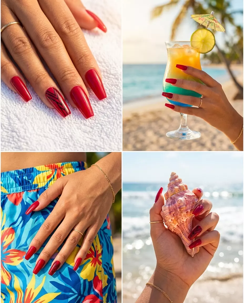 Crimson Swirl Accent nails for summer holiday nails 2026: sultry, artistic date night look.