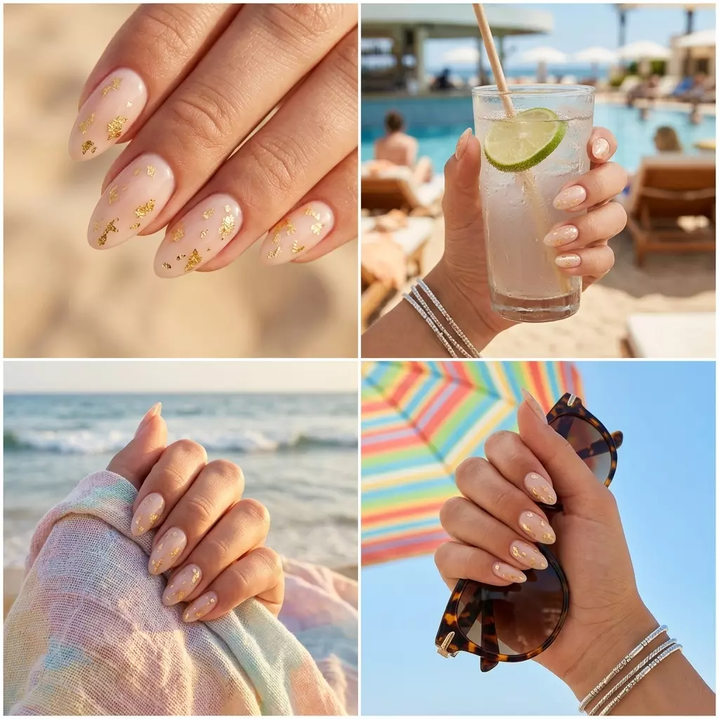 Gilded Nude Elegance nails for summer holiday nails 2026: sophisticated, subtle glamour for formal events.