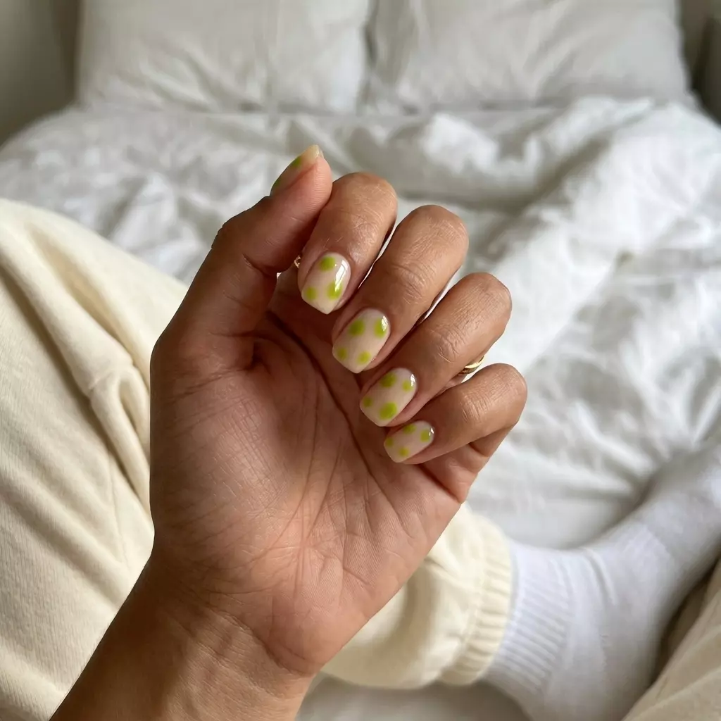 Lime green jelly dot nails on a nude base for summer holiday nails 2026. Playful and fresh for casual outings.