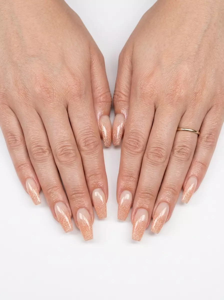 Glamorous sparkling peach gradient for summer holiday nails 2026. Romantic for parties and date nights.