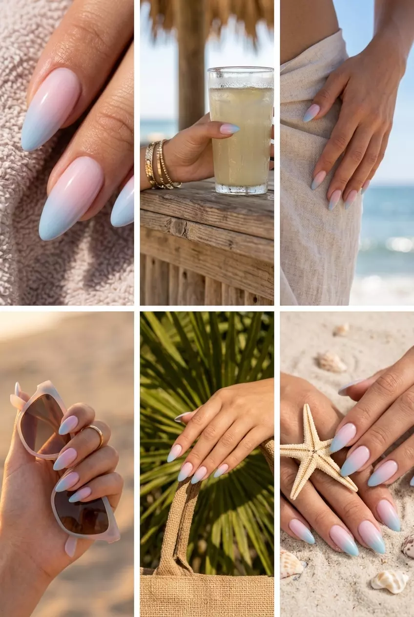 Peachy Cream Ombre Stiletto nails for summer holiday nails 2026: romantic, ethereal wedding guest look.