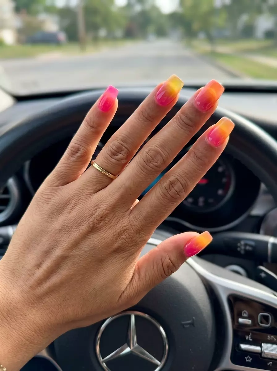 Vibrant tropical sunset jelly ombre for summer holiday nails 2026. Playful for vacations and festivals.