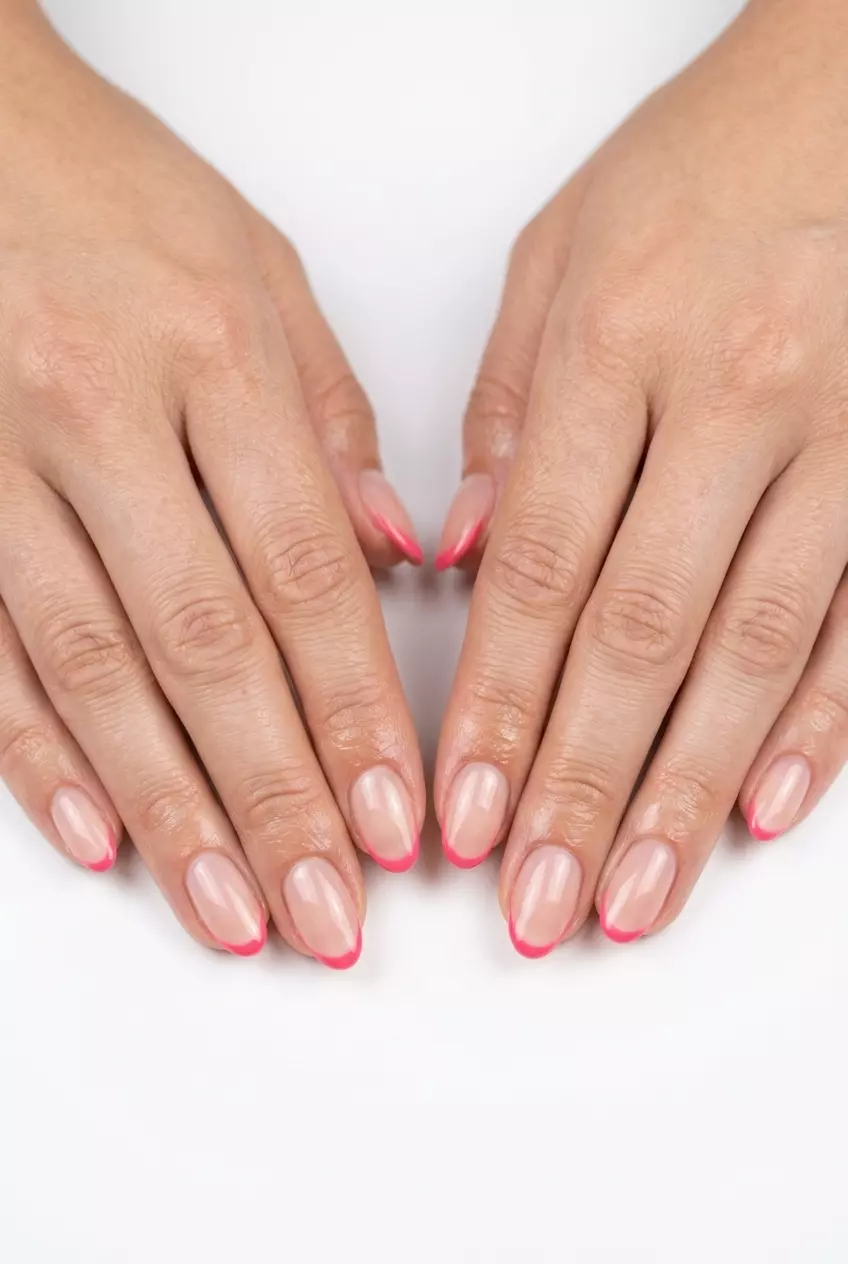 Playful watermelon pink micro-French for summer holiday nails 2026. Fresh for casual outings and parties.