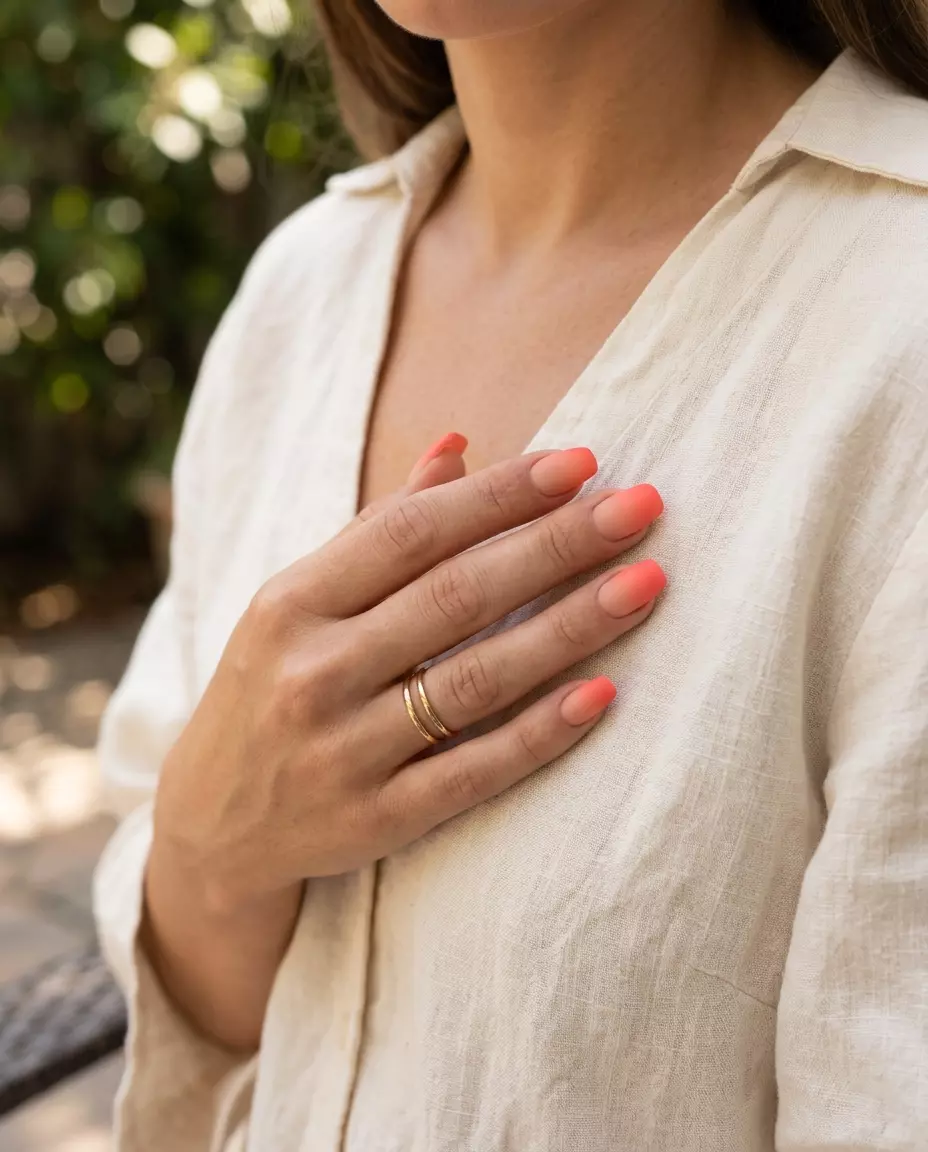 Coral Aura Gradient Nails 2026 Coral Aura Gradient nails for summer inspired nails 2026. Neutral nude to vibrant coral matte finish.