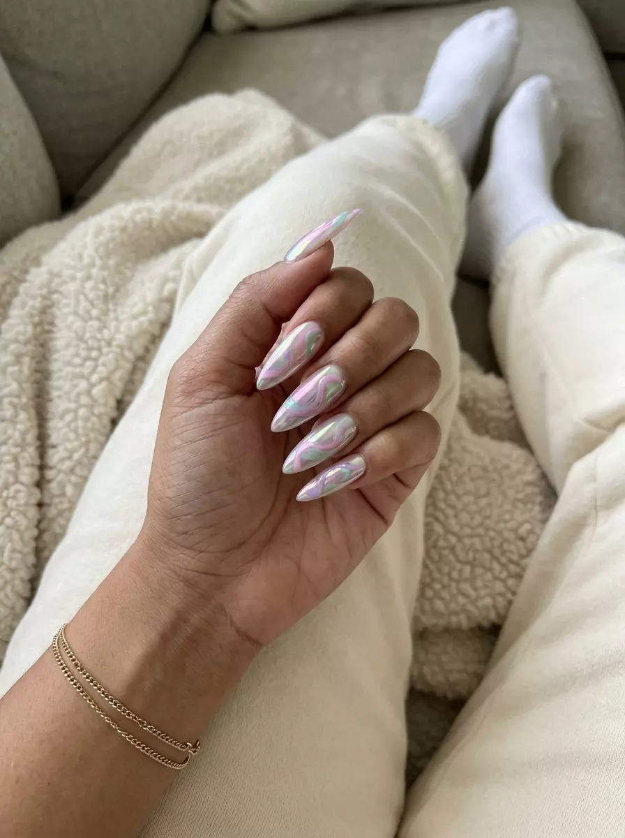 Cosmic Chrome Stilettos: Festival & Party Nails 2026 Cosmic Chrome Nebula Stilettos: Futuristic summer inspired nails 2026 with iridescent chrome and pastel swirls.