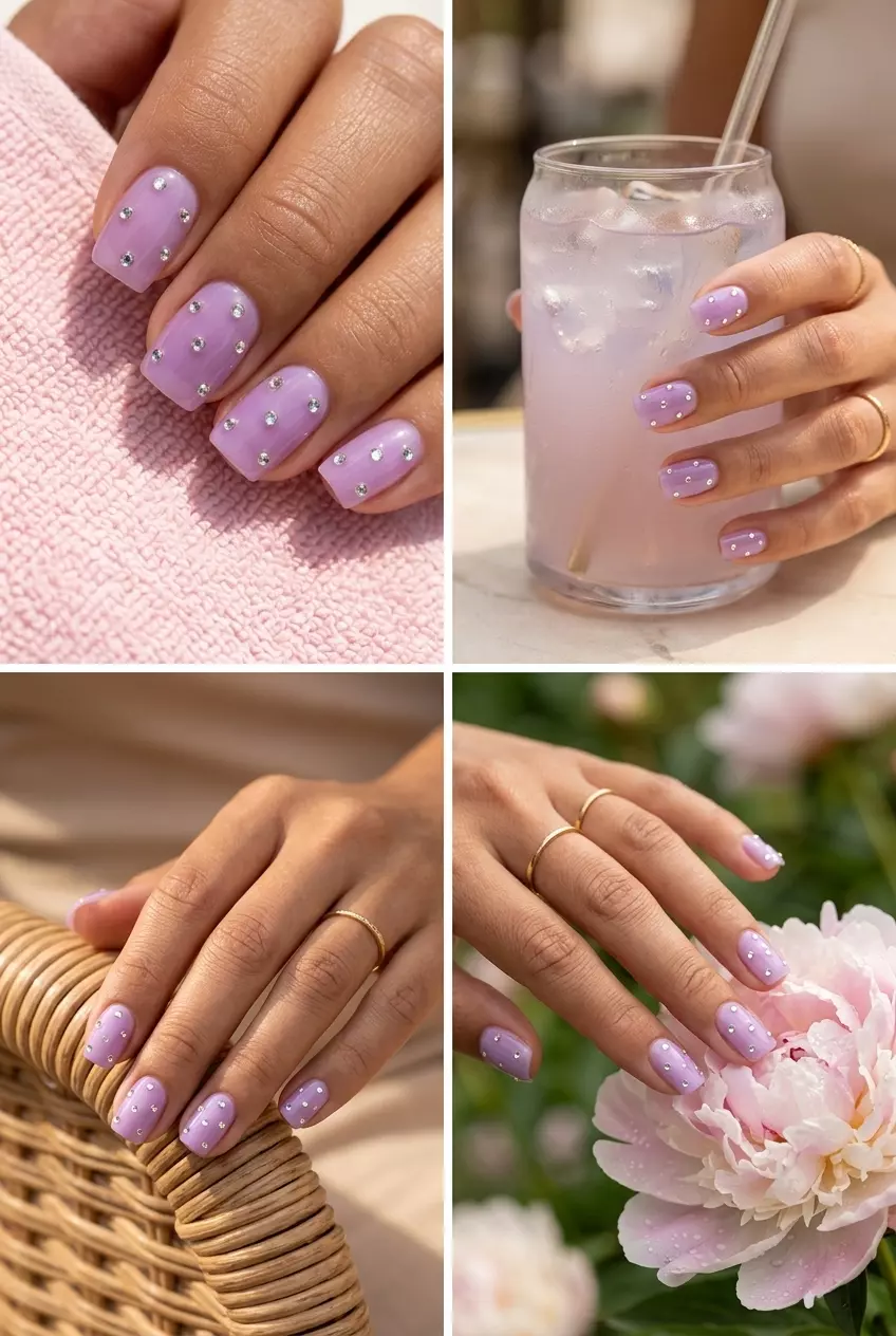 Lavender Jewel Nails 2026 | Romantic Sparkle Lavender Jewel Jelly Squares nails for summer inspired nails 2026. Romantic translucent lavender with rhinestones.