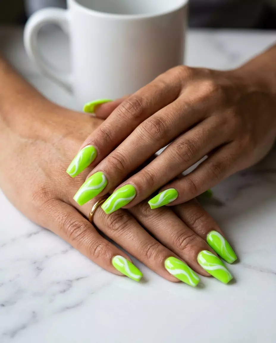 Lime Green Neon Swirls Nails 2026 Lime Green Neon Swirls nails for summer inspired nails 2026. Edgy and vibrant festival style.