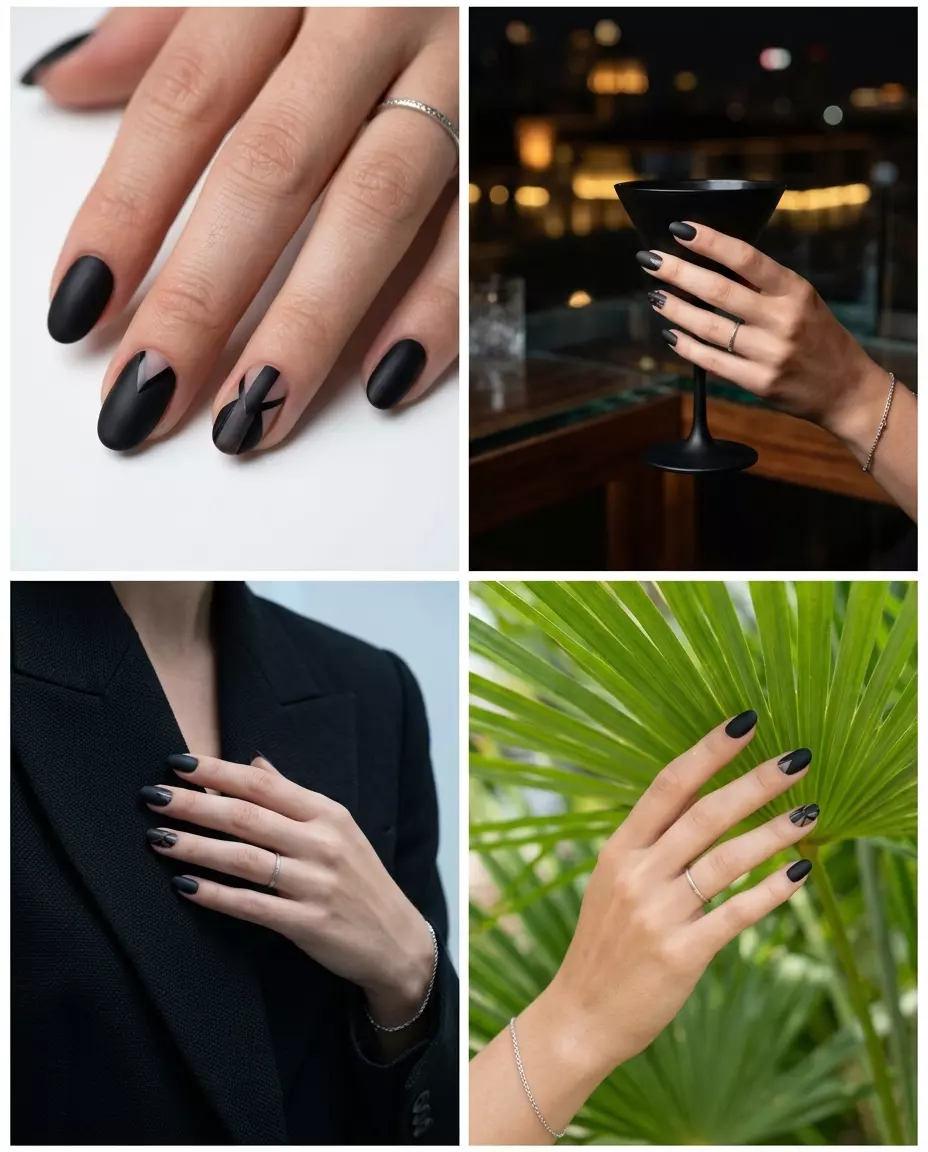 Negative Space Geometry Nails 2026 | Edgy Minimalist Matte Black Negative Space Geometry nails for summer inspired nails 2026. Edgy minimalist design on oval nails.