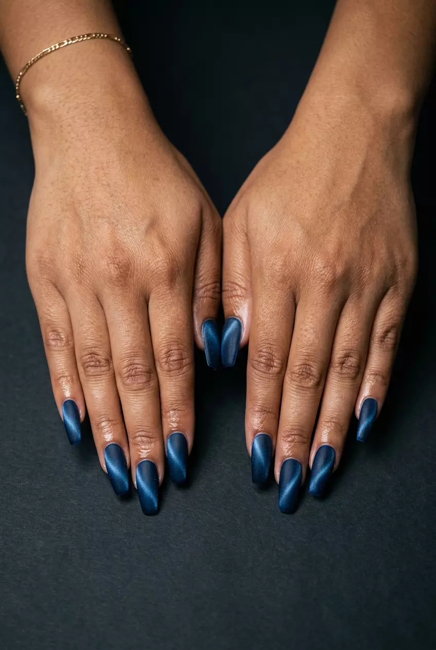 Velvet Cat Eye Nails 2026 | Sultry Evening Style Midnight Velvet Cat Eye nails for summer inspired nails 2026. Sultry deep blue with velvet matte finish.