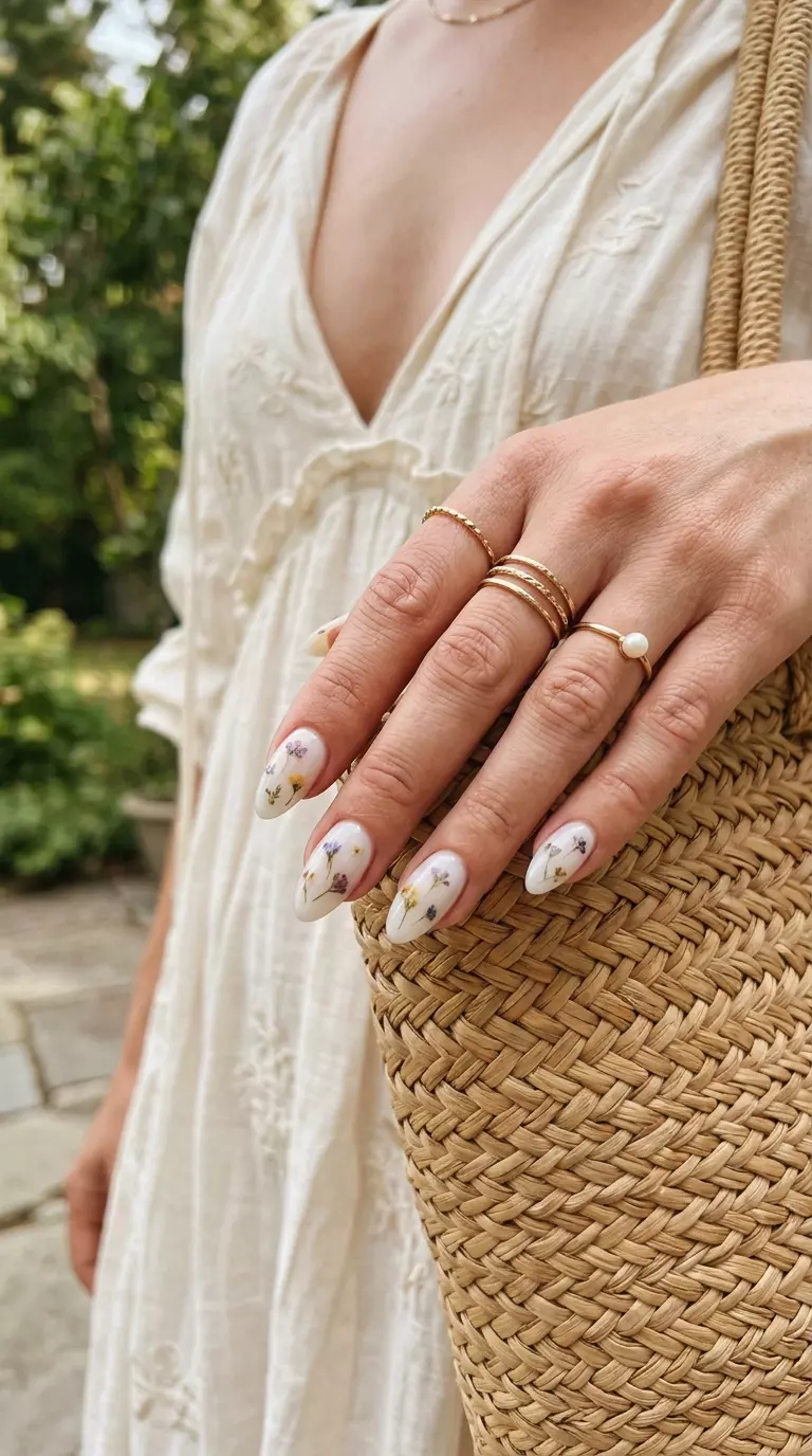Milk Bath Flower Nails 2026 | Dreamy Bridal Style Milky White Milk Bath Flowers nails for summer inspired nails 2026. Dreamy ethereal design with pastel florals.