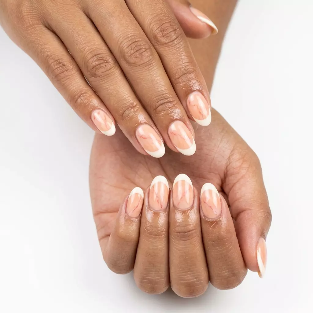 Peach Marble Reverse French Nails 2026 Peach Marble Reverse French nails for summer inspired nails 2026. Sophisticated and romantic glamour.