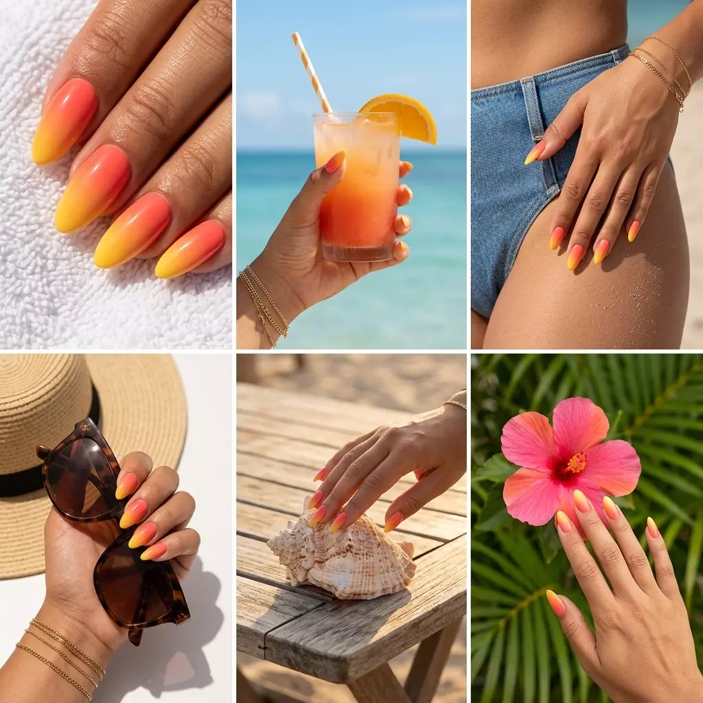 Tropical Sunrise Nails 2026 | Vacation Vibes Tropical Sunrise Gradient Almond Gloss nails for summer inspired nails 2026. Vibrant coral to yellow gel polish.