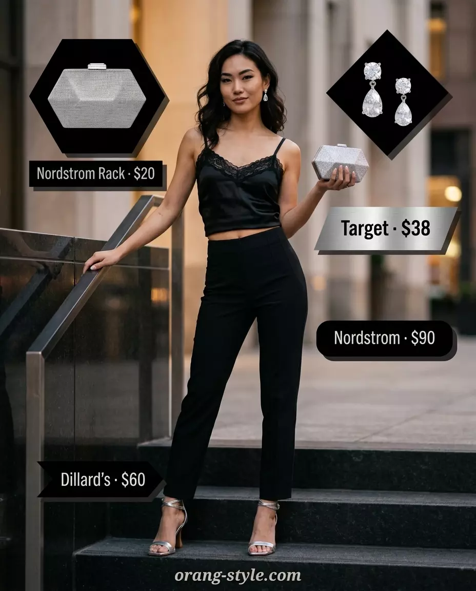Summer Lace Top Outfits for Women 2026: Black lace camisole with tailored pants for evening elegance.