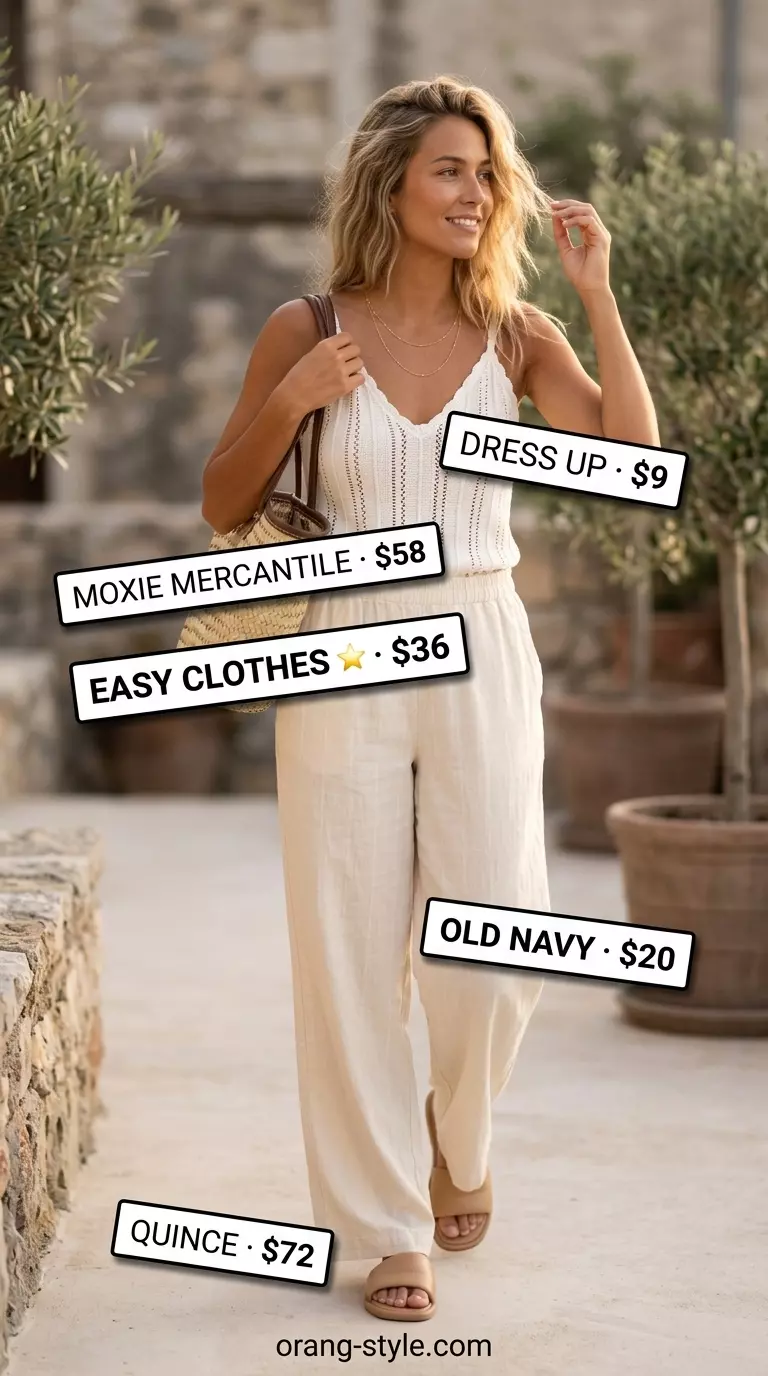 Summer lace top outfits for women 2026: Cream crochet lace top with linen pants for a relaxed coastal beach day look.