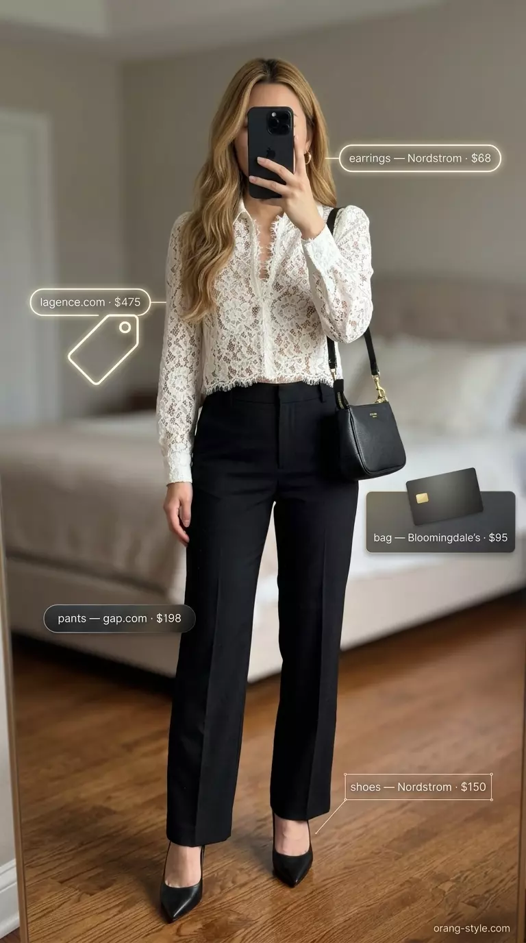 Summer Lace Top Outfits for Women 2026: Ivory lace blouse with black trousers for city chic.