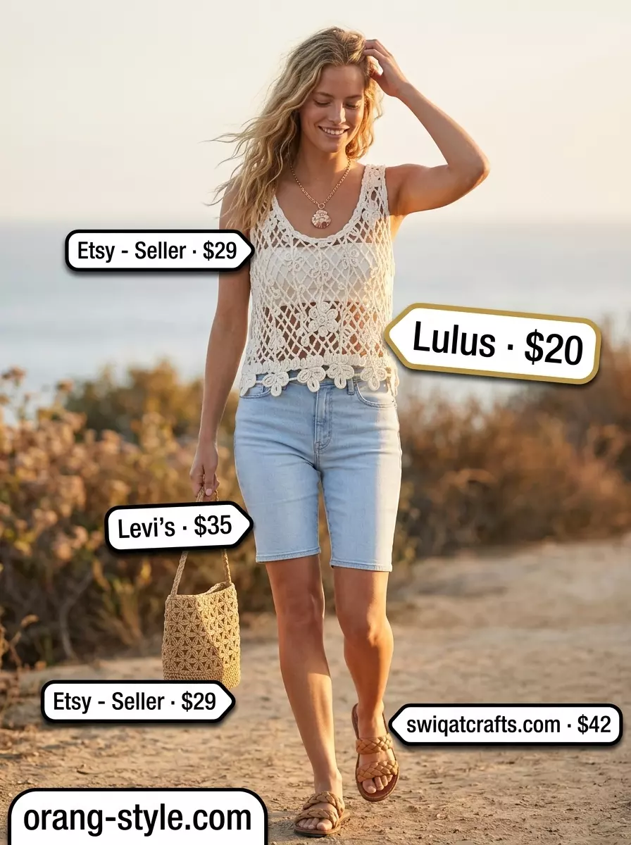 Summer Lace Top Outfits for Women 2026: Ivory crochet lace top with denim shorts for a beachy vibe.