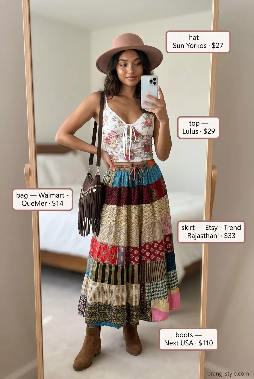 Summer lace top outfits for women 2026: White lace camisole with earth-toned maxi skirt for a bohemian festival look.