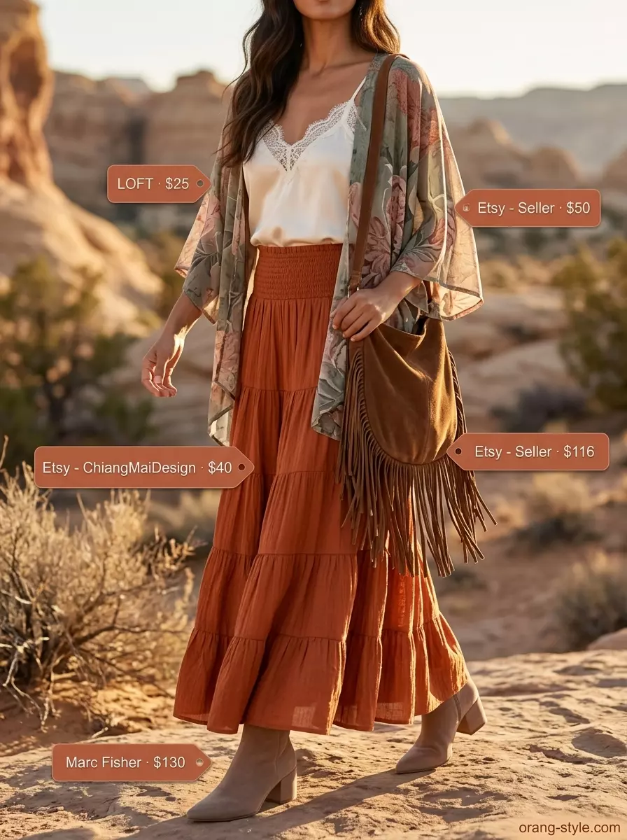 Summer lace top outfits for women 2026: Cream lace camisole with terracotta maxi skirt and printed kimono for desert vibes.