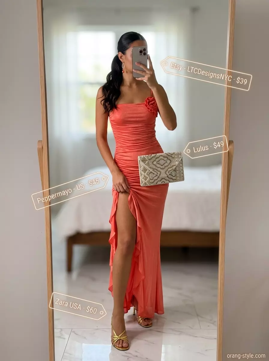 Summer lace top outfits for women 2026: Coral lace trim maxi dress for elegant sunset cocktails or resort wear.