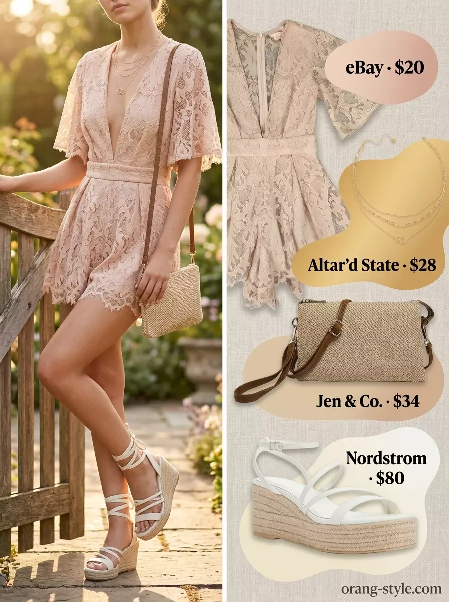 Summer lace top outfits for women 2026: Blush pink lace romper with gold necklaces for a romantic summer evening.