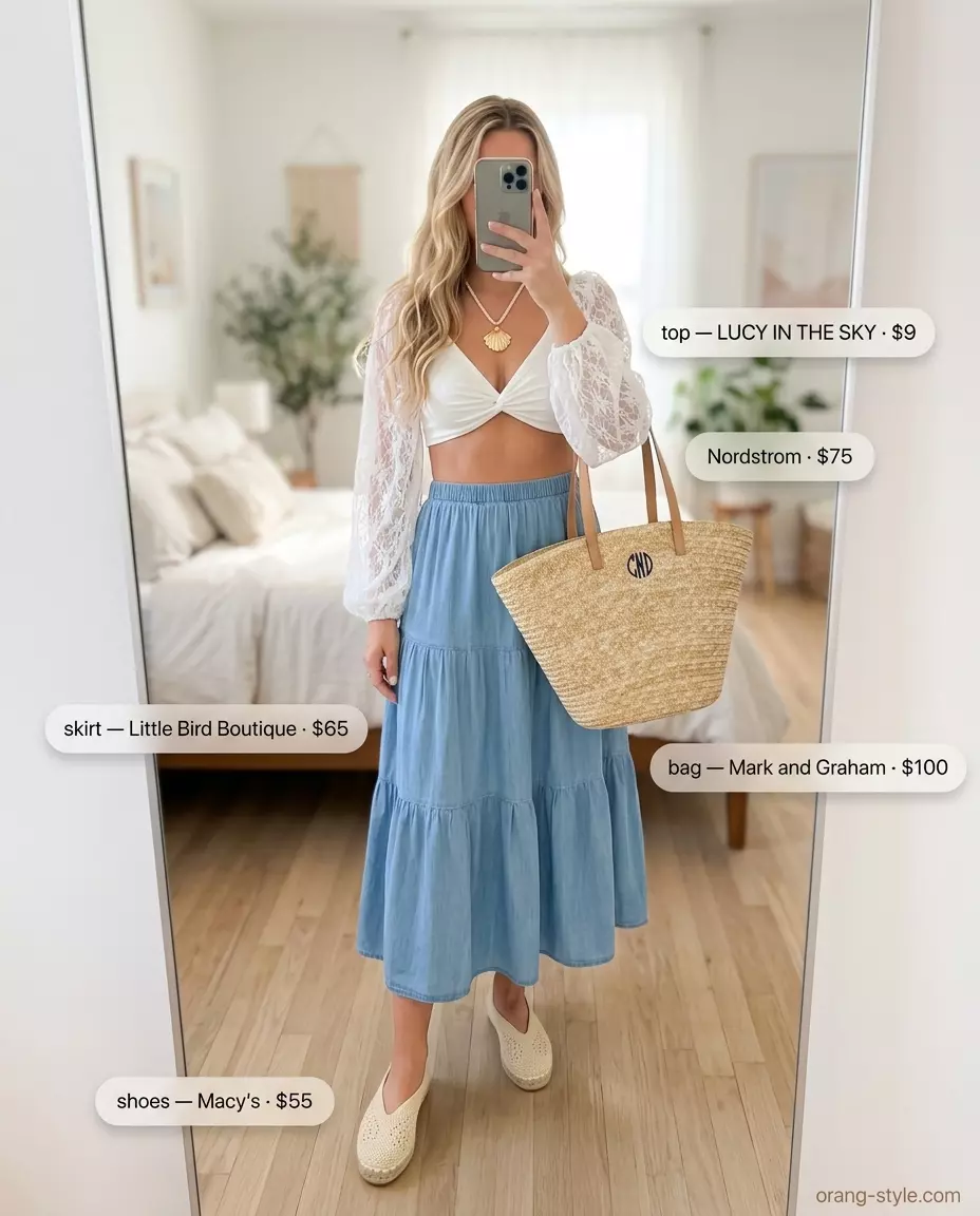 Summer lace top outfits for women 2026: White crochet lace top with sky blue midi skirt for a relaxed coastal look.