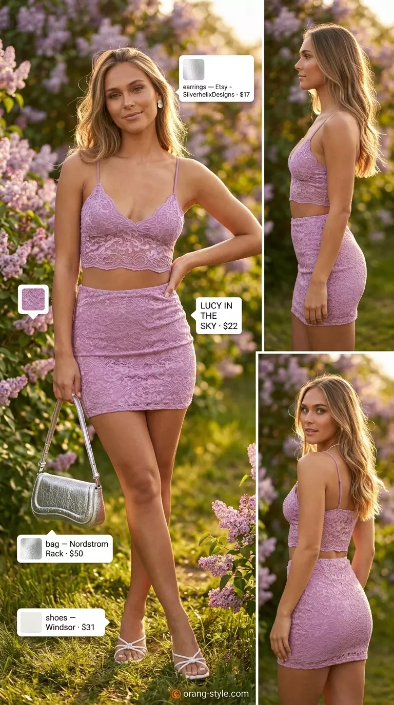 Summer Lace Top Outfits for Women 2026: Lilac lace cami and skirt set for daytime party.