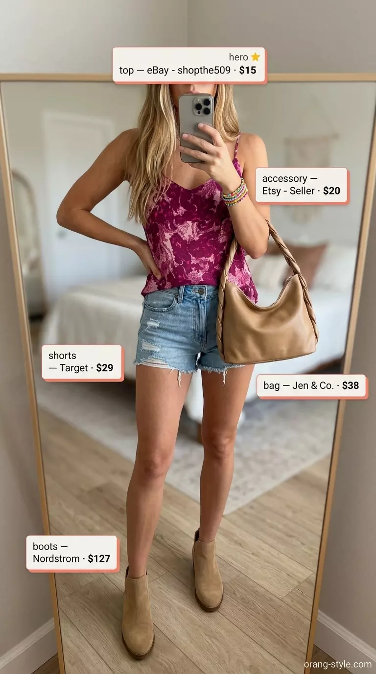 Summer Lace Top Outfits for Women 2026: Magenta lace top with denim shorts, suede boots, and beaded bracelets for a boho look.