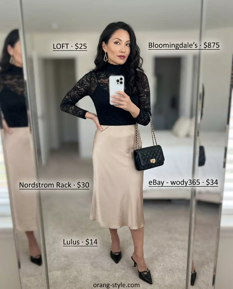Summer lace top outfits for women 2026: Black lace top with beige satin midi skirt for a modern minimalist evening look.