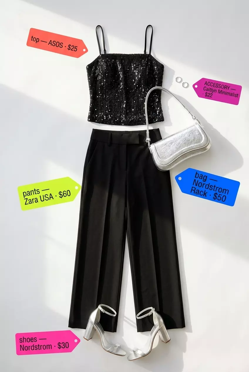 Summer Lace Top Outfits for Women 2026: Sequin cami with black trousers for evening glamour.