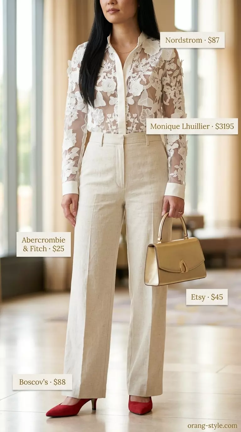Summer Lace Top Outfits for Women 2026: White lace blouse with cream trousers for an upscale event.