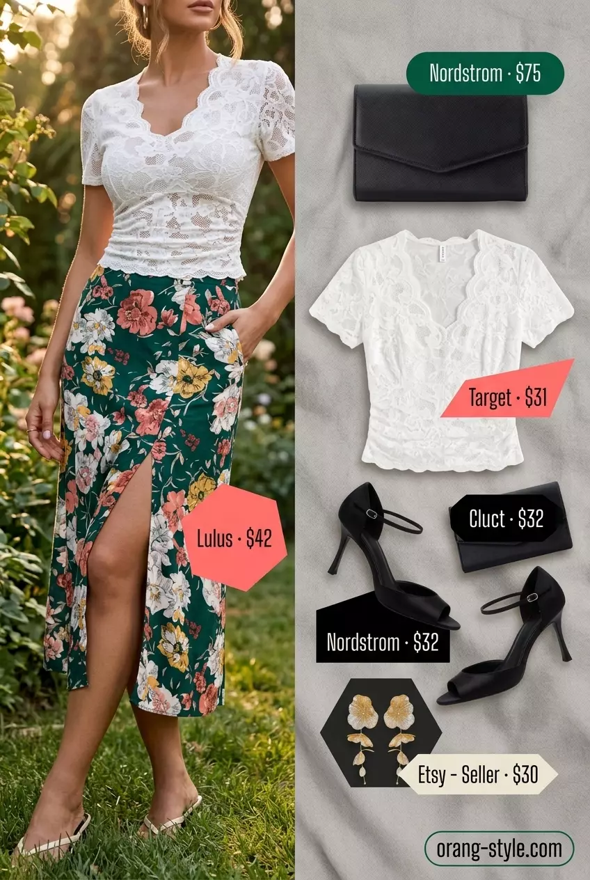 Summer Lace Top Outfits for Women 2026: White lace top with floral midi skirt for a garden party.